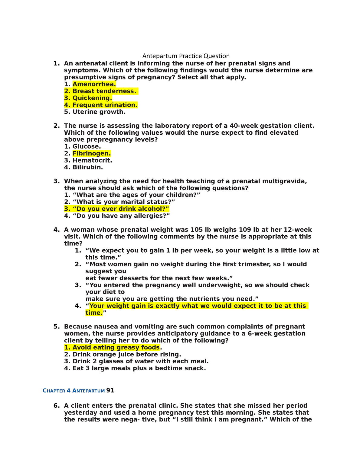 best antepartum nursing questions