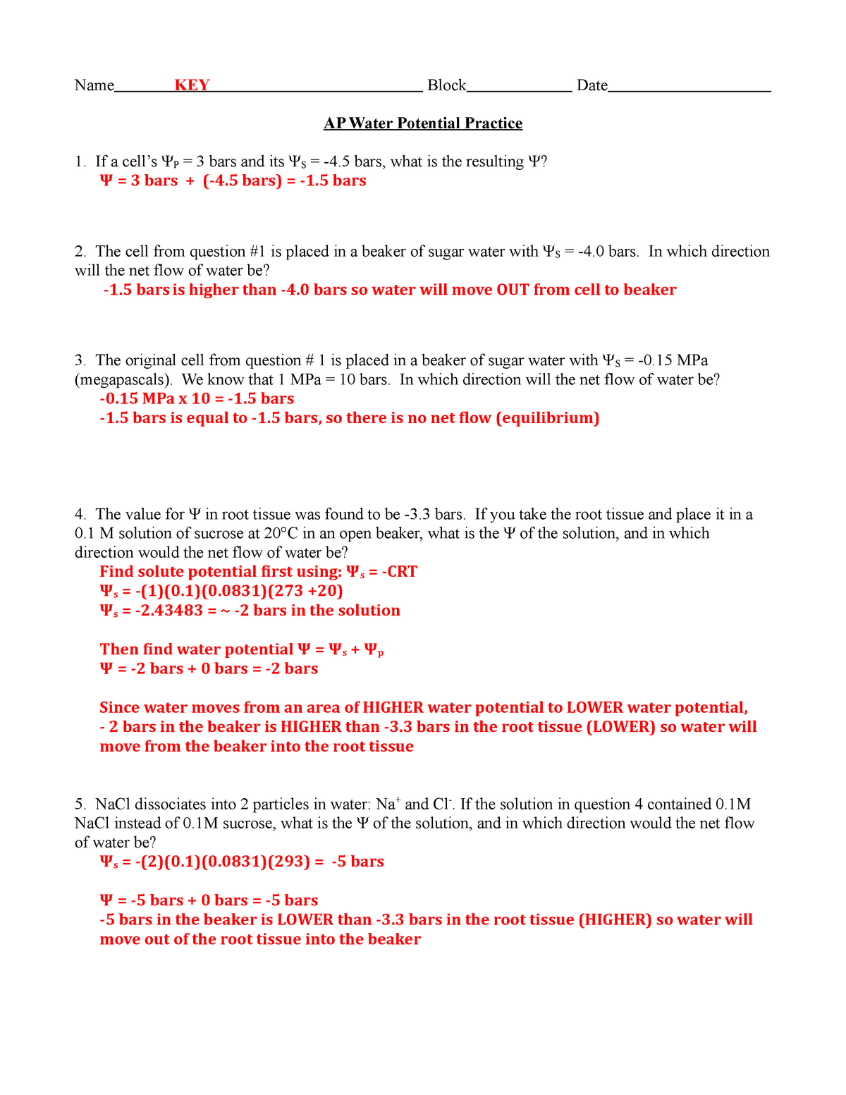 best ap water potential sample questions answers