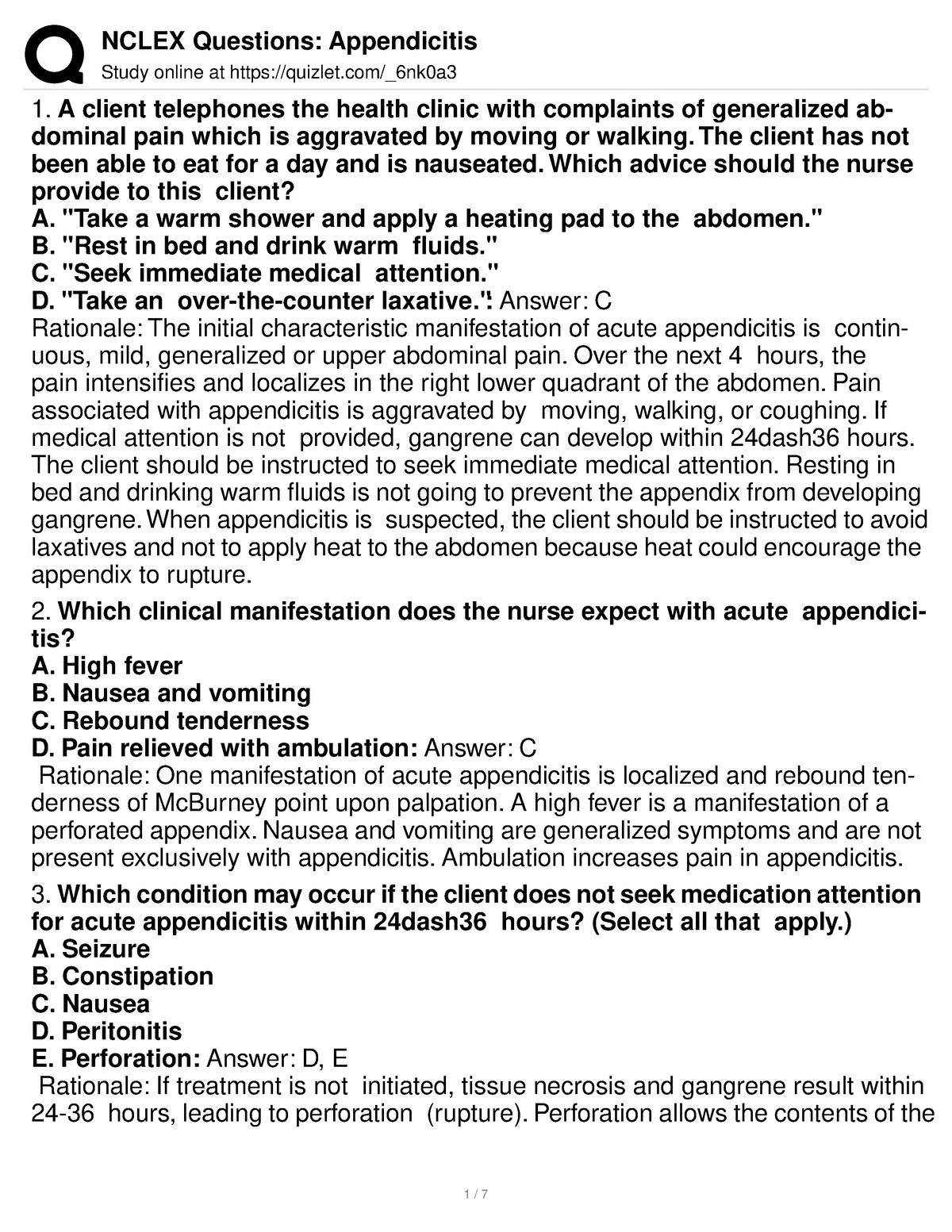 best appendicitis nclex questions