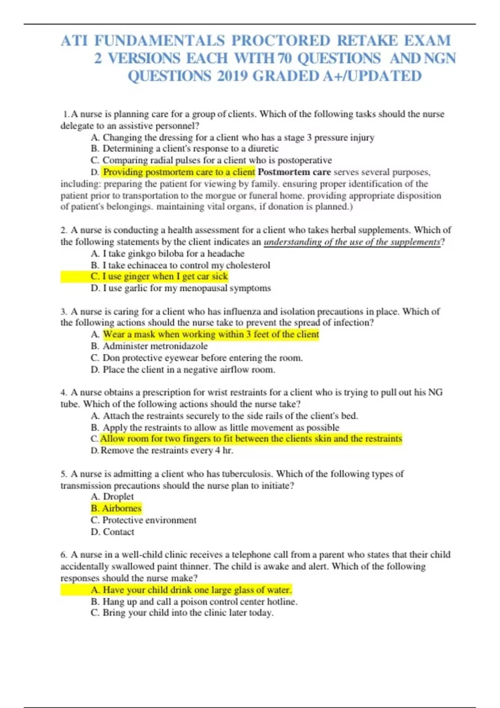 best ati fundamentals proctored exam 70 questions