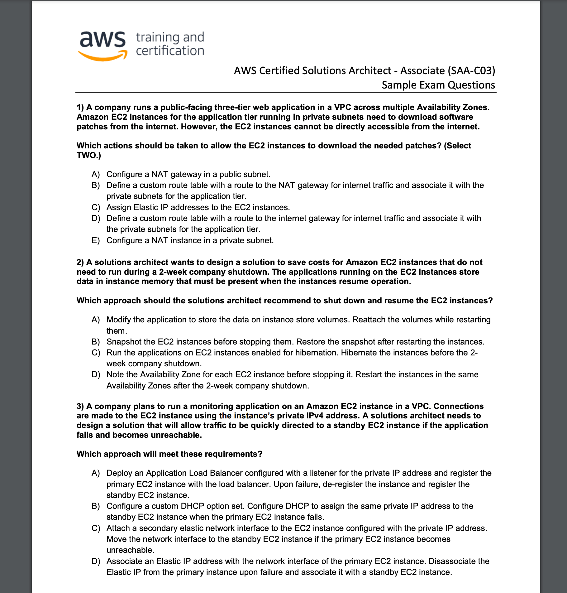 best aws solutions architect associate exam questions