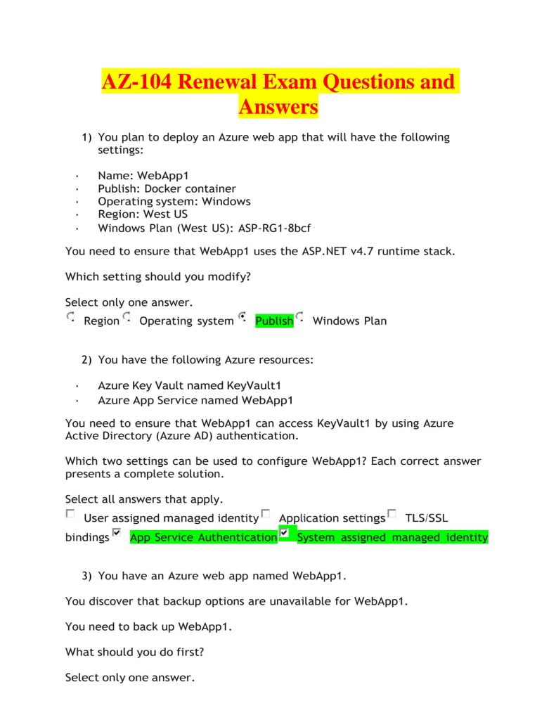 best az 104 renewal exam questions and answers