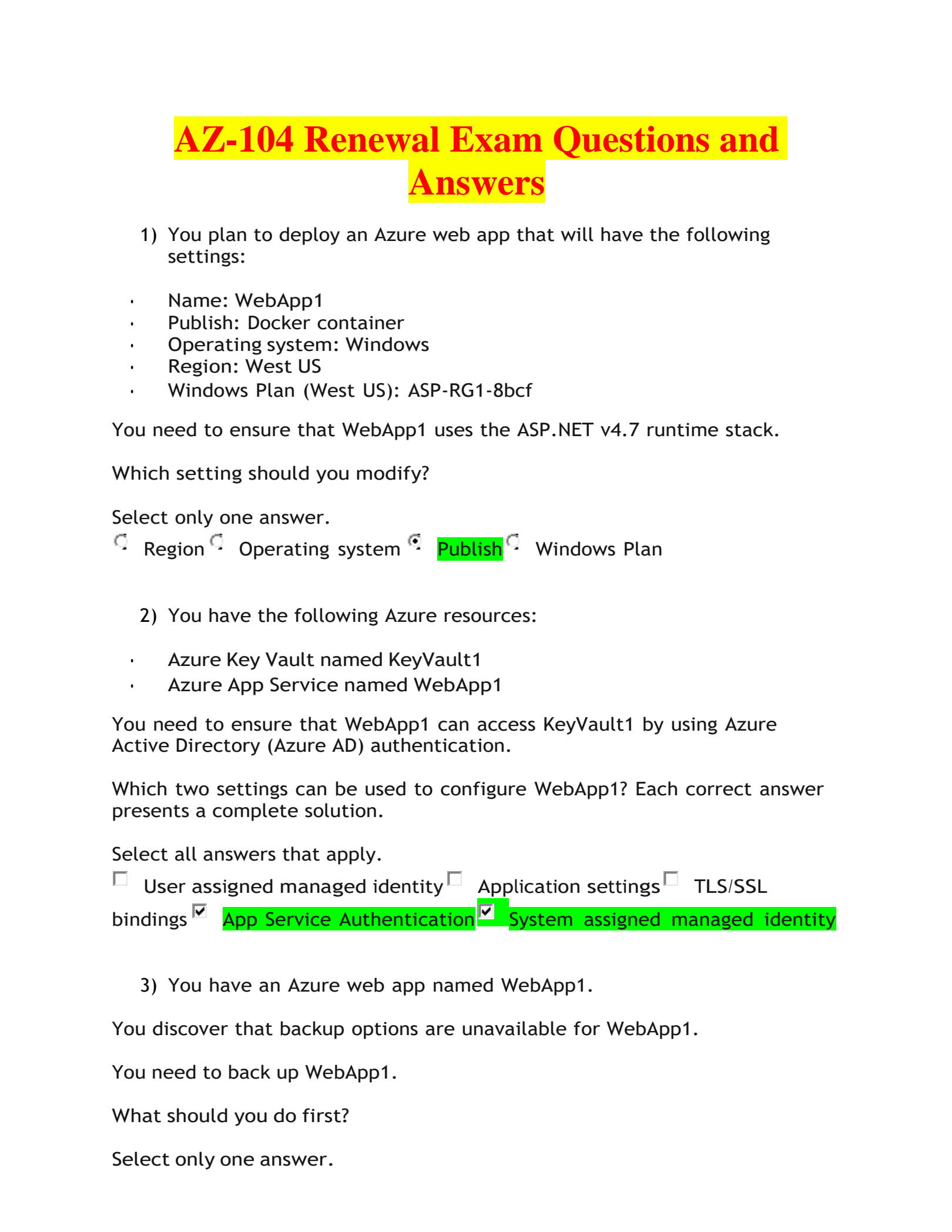 best az 104 renewal exam questions and answers