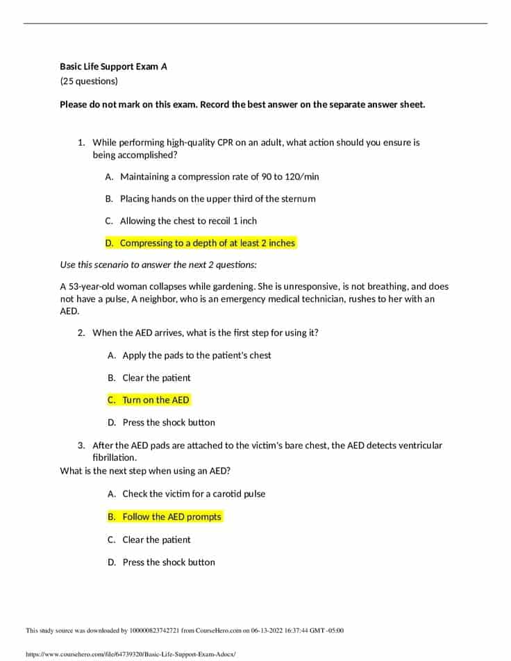 best basic life support exam a answers 25 questions