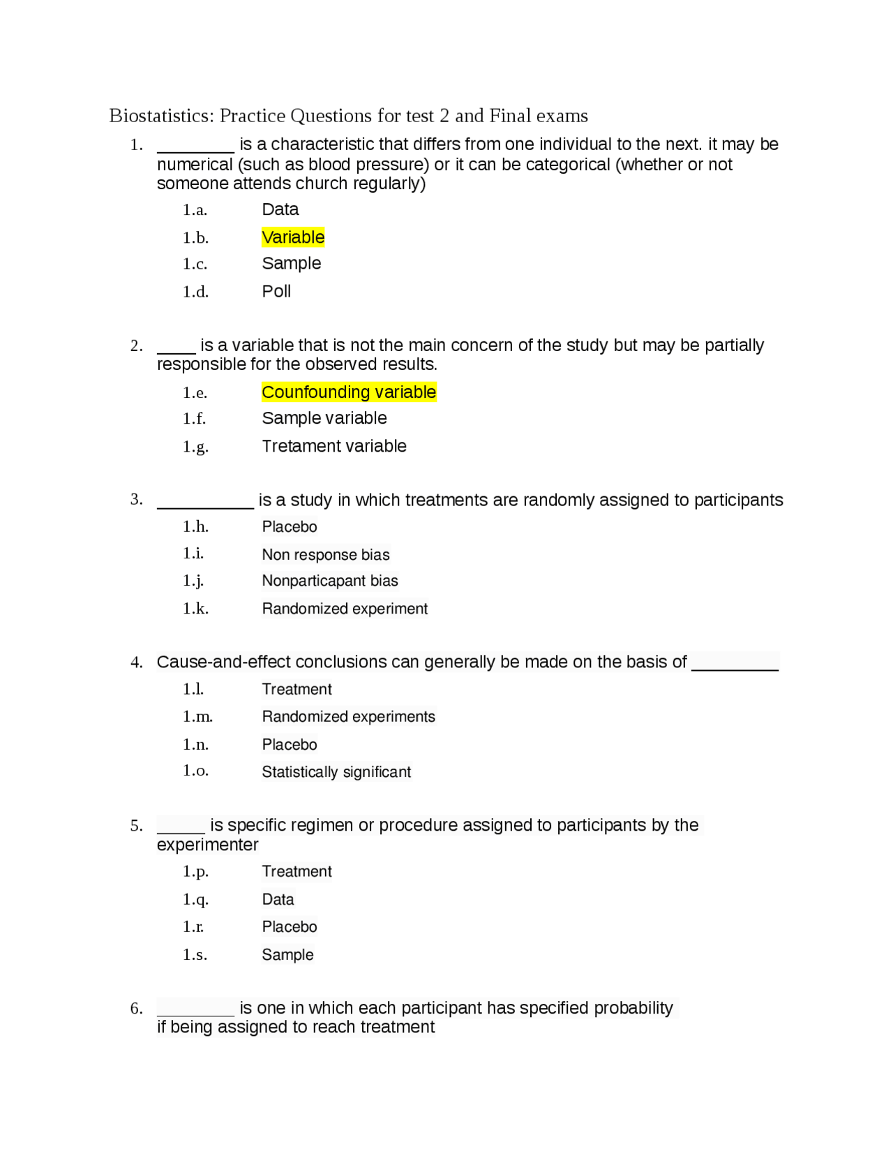 best biostatistics practice questions