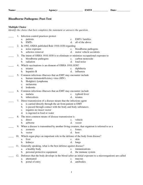 best bloodborne pathogens test questions