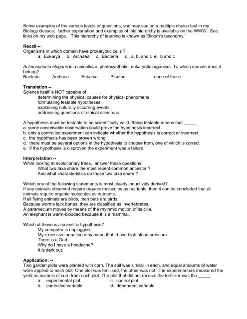 best bloom taxonomy test questions