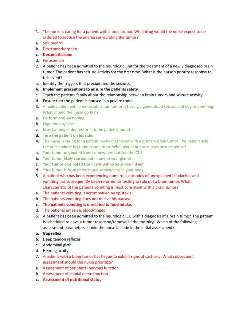best brain tumor nclex questions