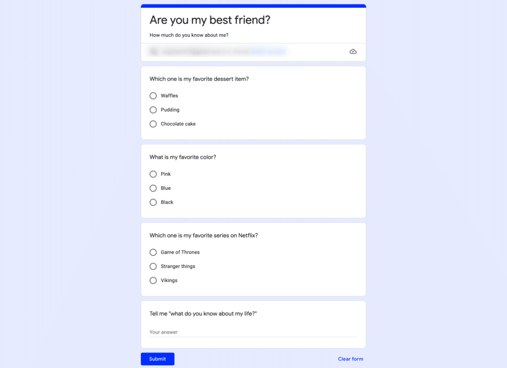 best friend google form questions
