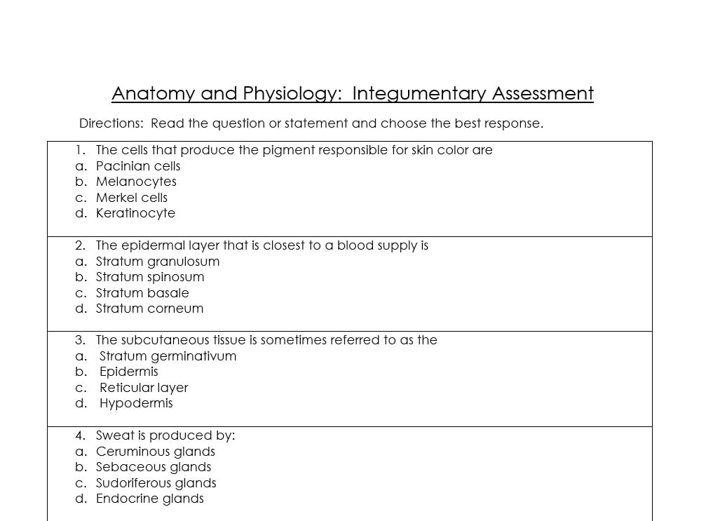 best integumentary system test questions and answers