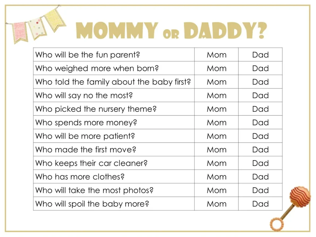 best mom and dad questions for baby shower