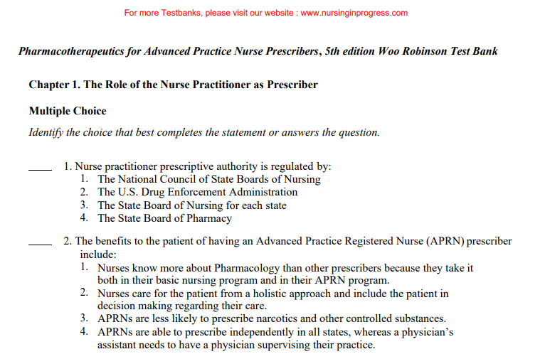best pharmacotherapeutics for advanced practice nurse prescribers test questions