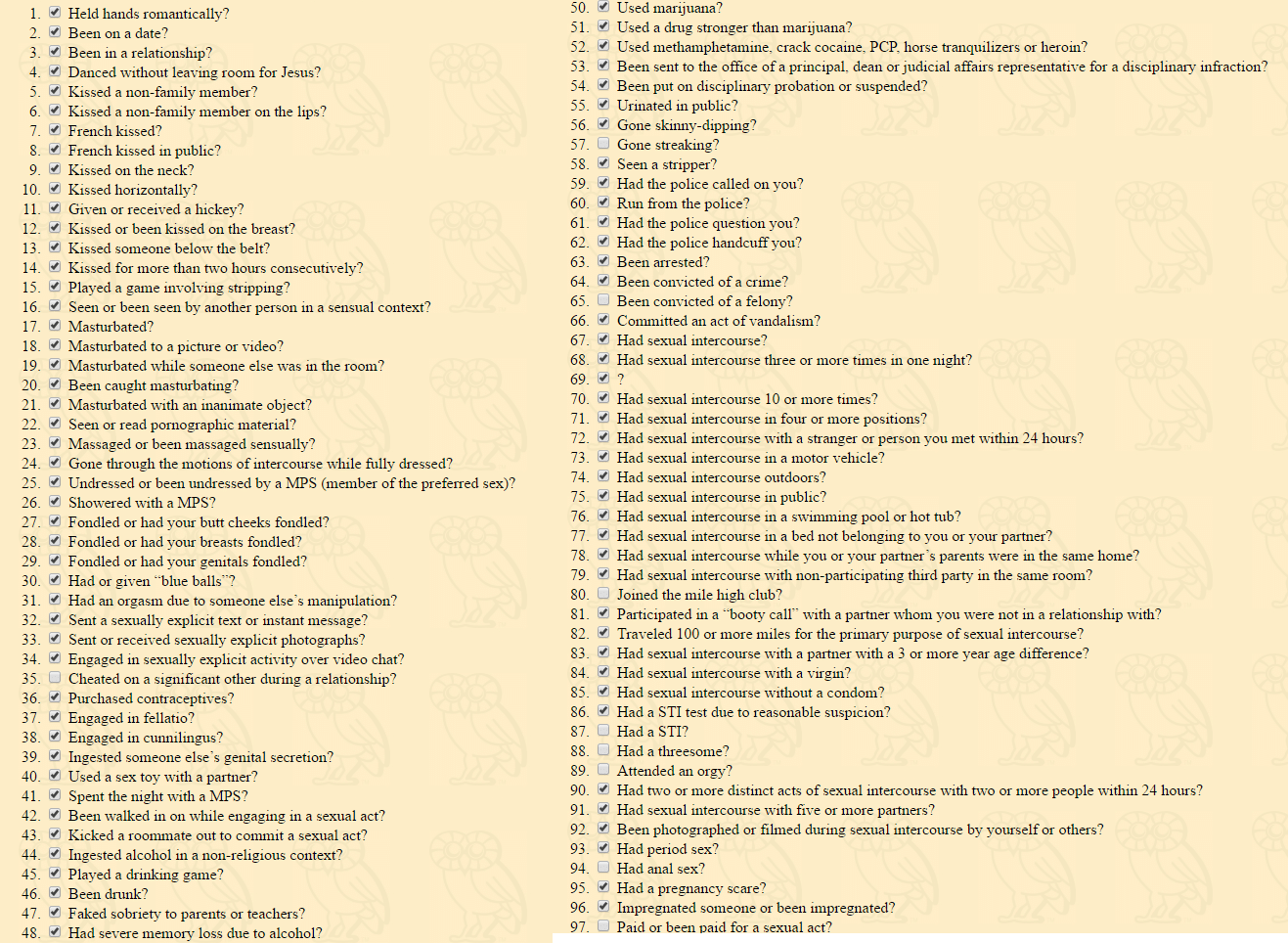 best purity test questions