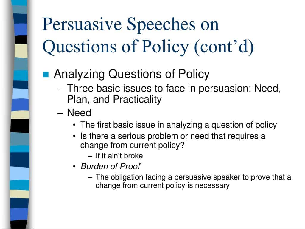 best the three basic issues of persuasive speeches on questions of policy are